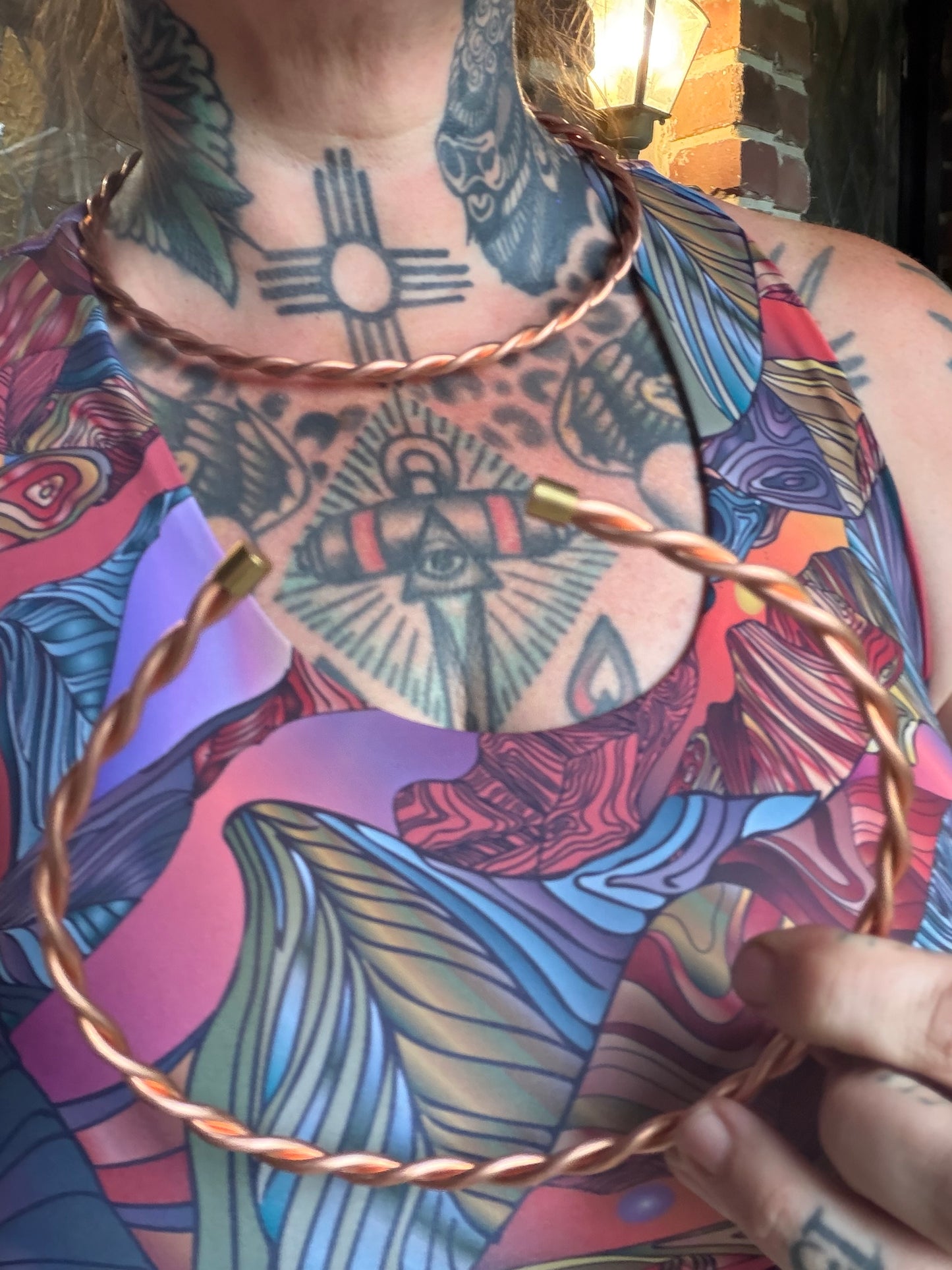 Handmade Twisted Copper Neck Bangle with 18K Gold End Caps