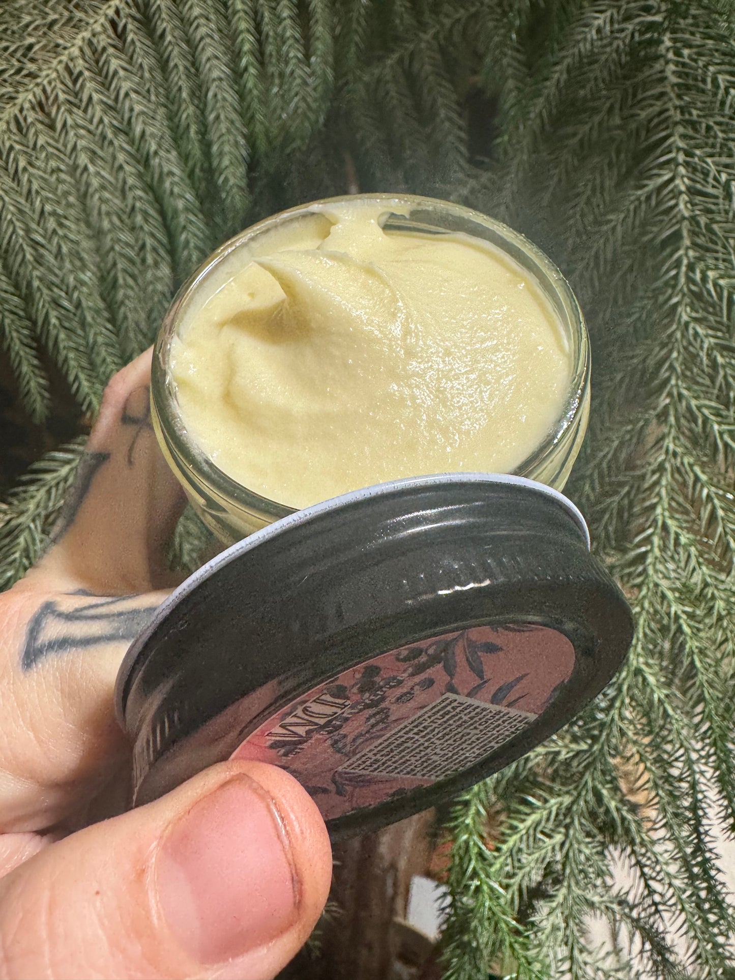 Elderberry and Evergreen Whipped Tallow (glass jars- now with new labels and title “elderflower & pine whipped tallow”)