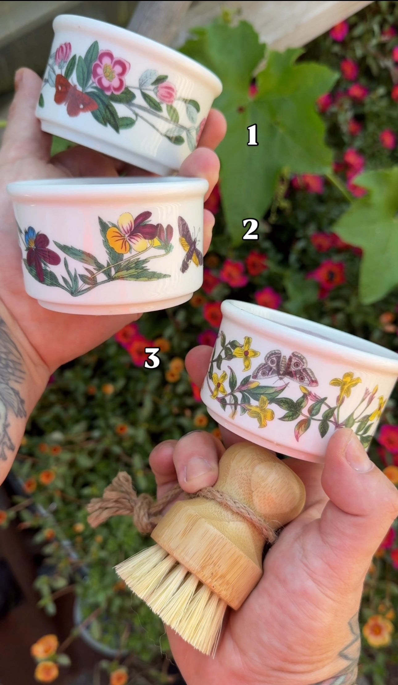 Botanic Garden Ramekin Dish Soap Set (2-Piece) + Palm Brush — Wild Bergamot & Lavender