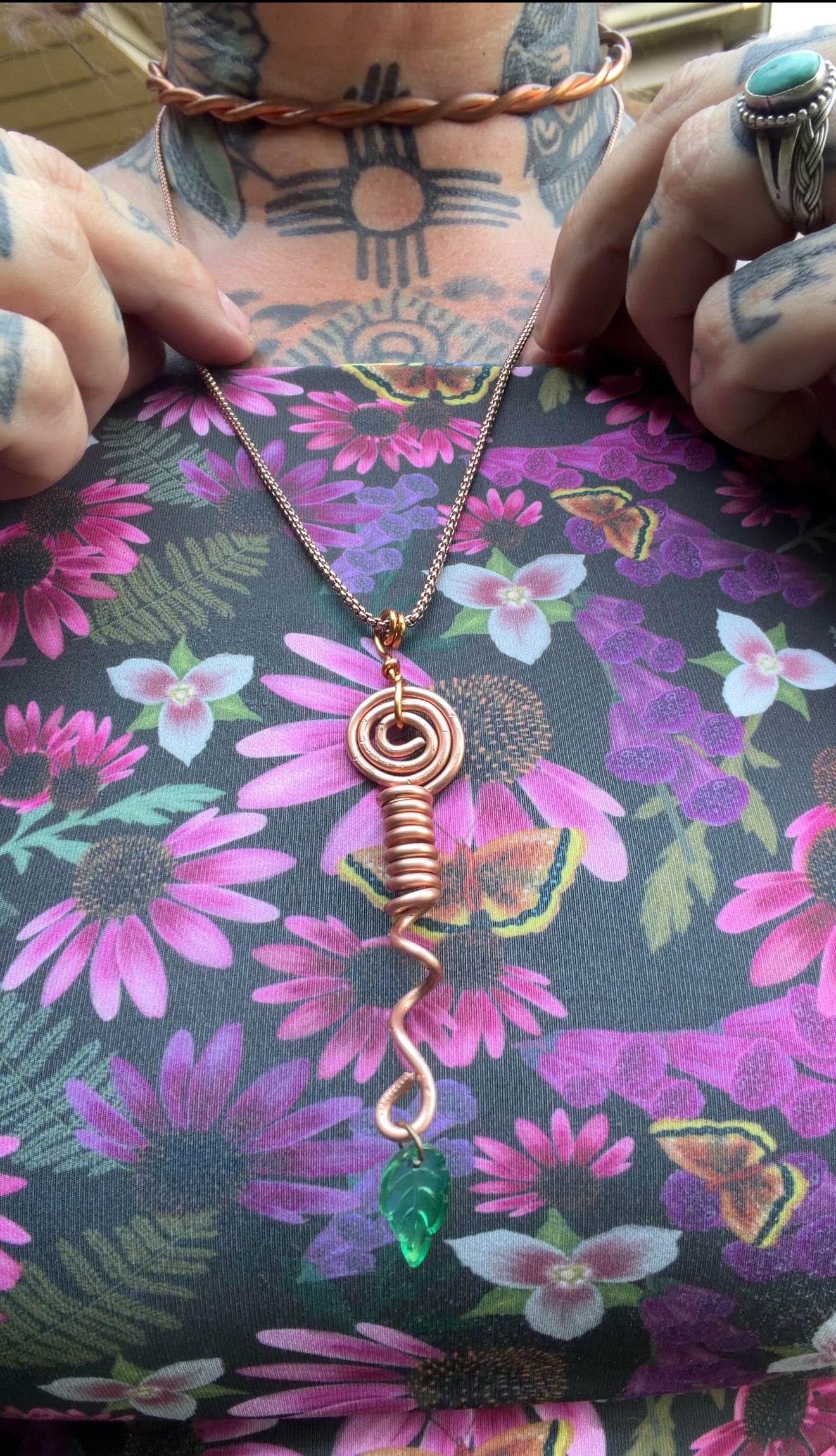 Handmade Copper Coil Flower Picking Pendant