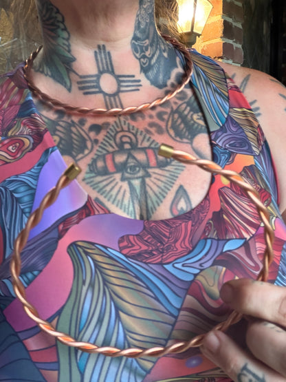 Handmade Twisted Copper Neck Bangle with 18K Gold End Caps