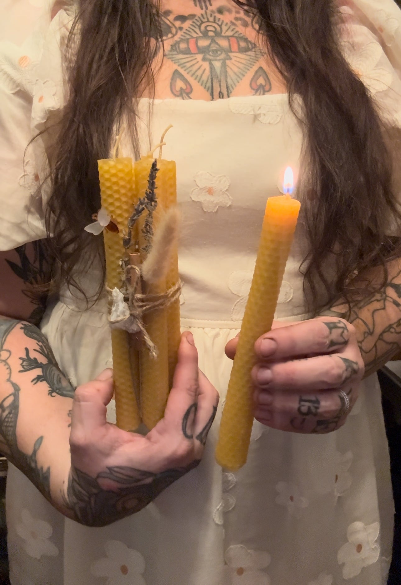 Hand-Rolled Beeswax Candles (4 pack w/dried herb and geode wrap)