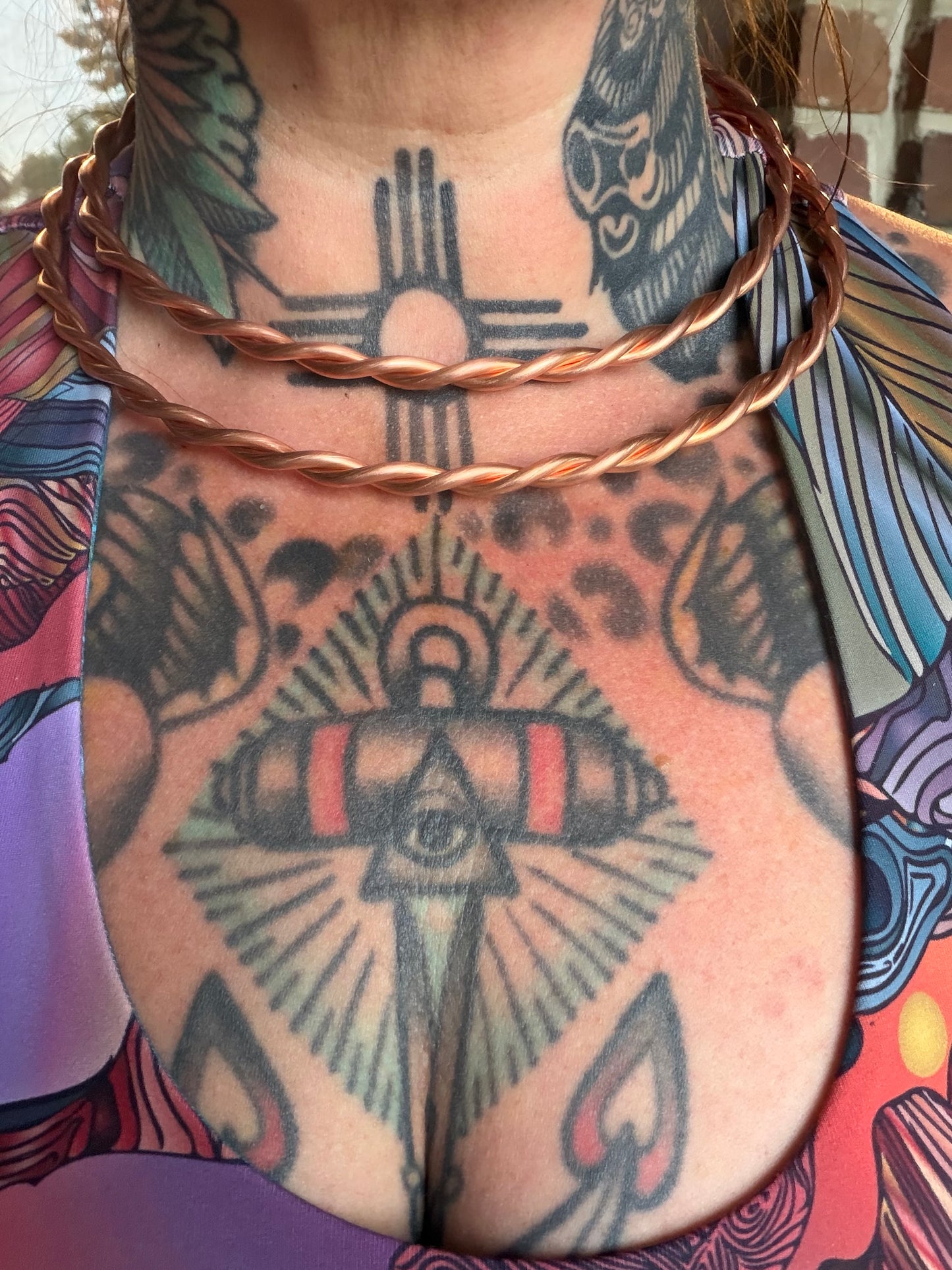 Handmade Twisted Copper Neck Bangle with 18K Gold End Caps