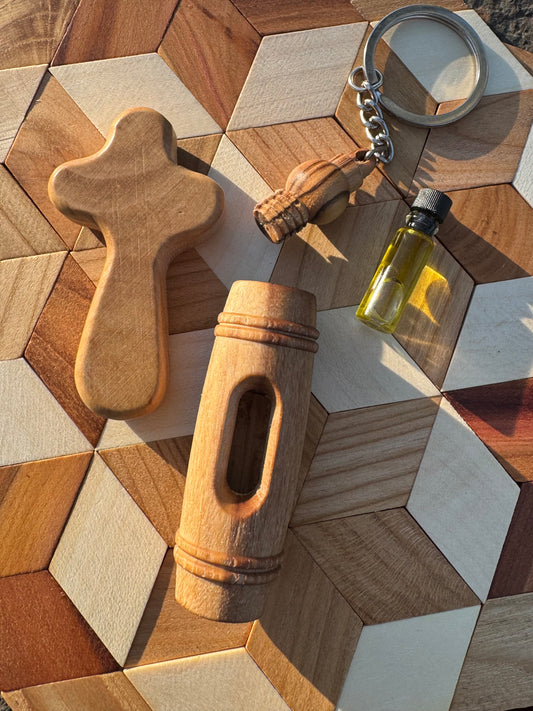 Olive Wood Oil Vile Keychain & Handling Cross Gift Set (1 of each)