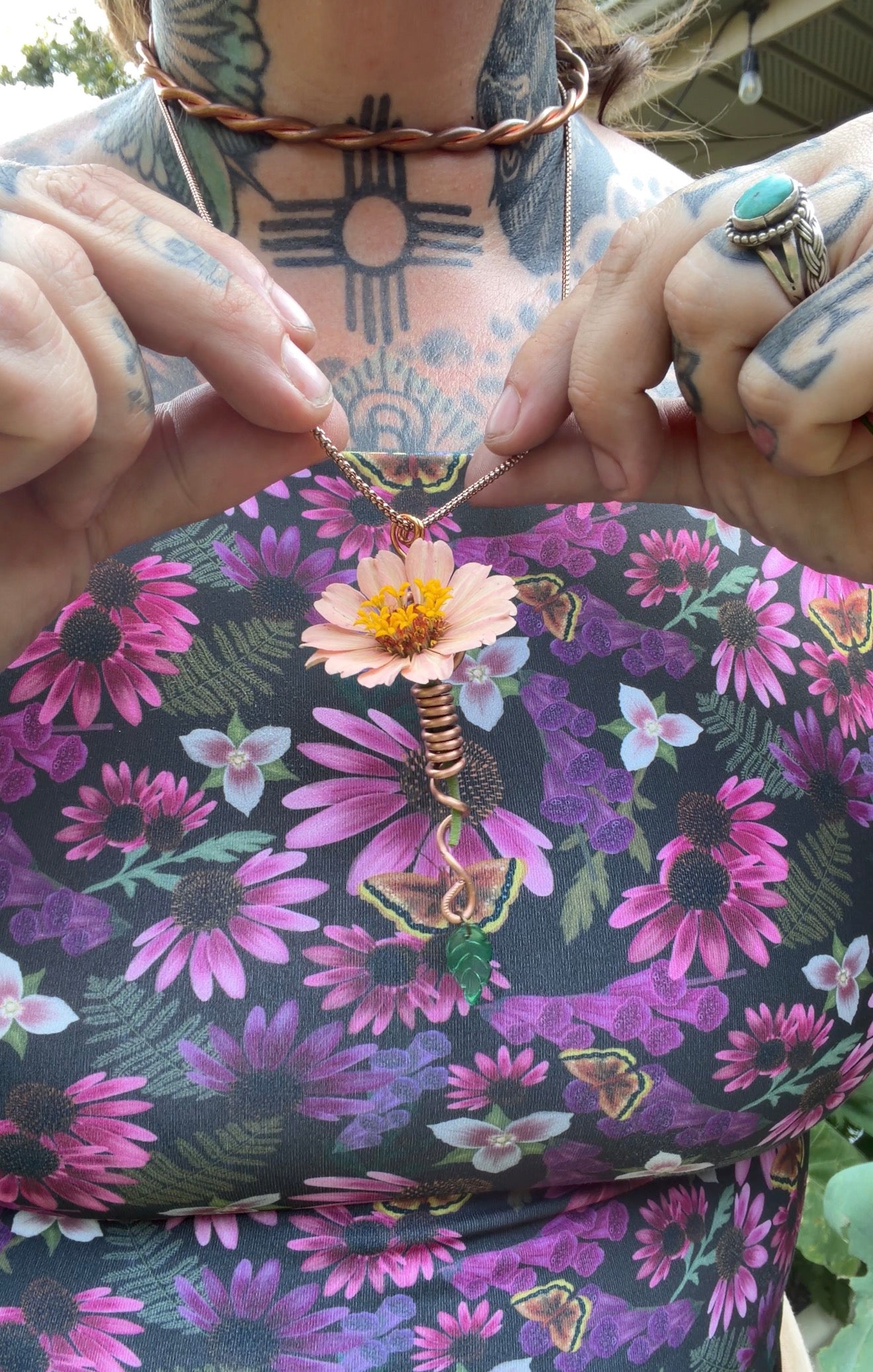 Handmade Copper Coil Flower Picking Pendant