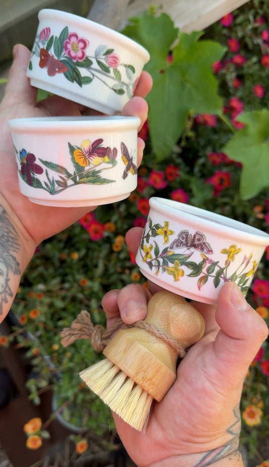 Botanic Garden Ramekin Dish Soap Set (2-Piece) + Palm Brush — Wild Bergamot & Lavender